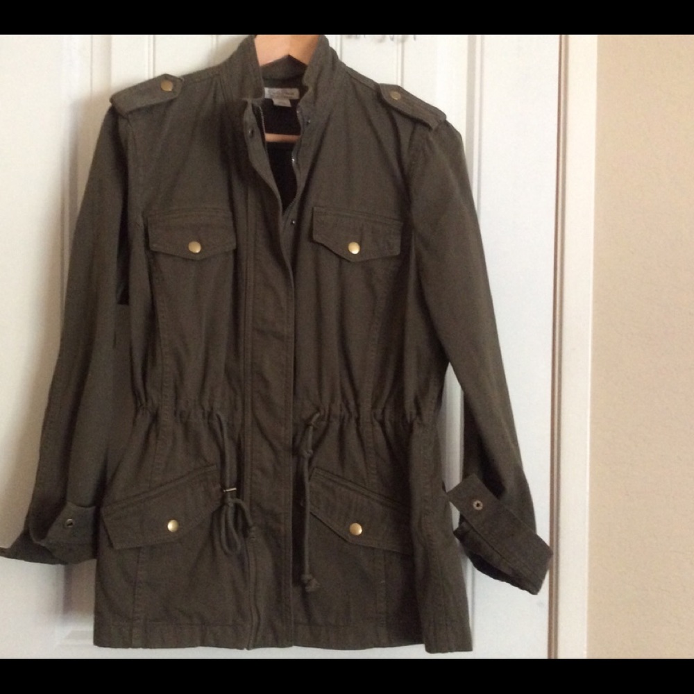 Olive green utility jacket.